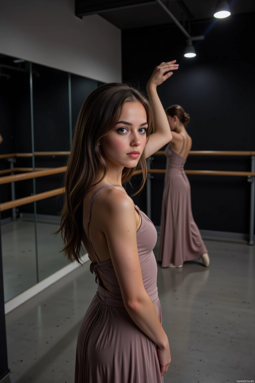 A woman in a ballet studio, wearing a long dress, poses gracefully with one arm raised.