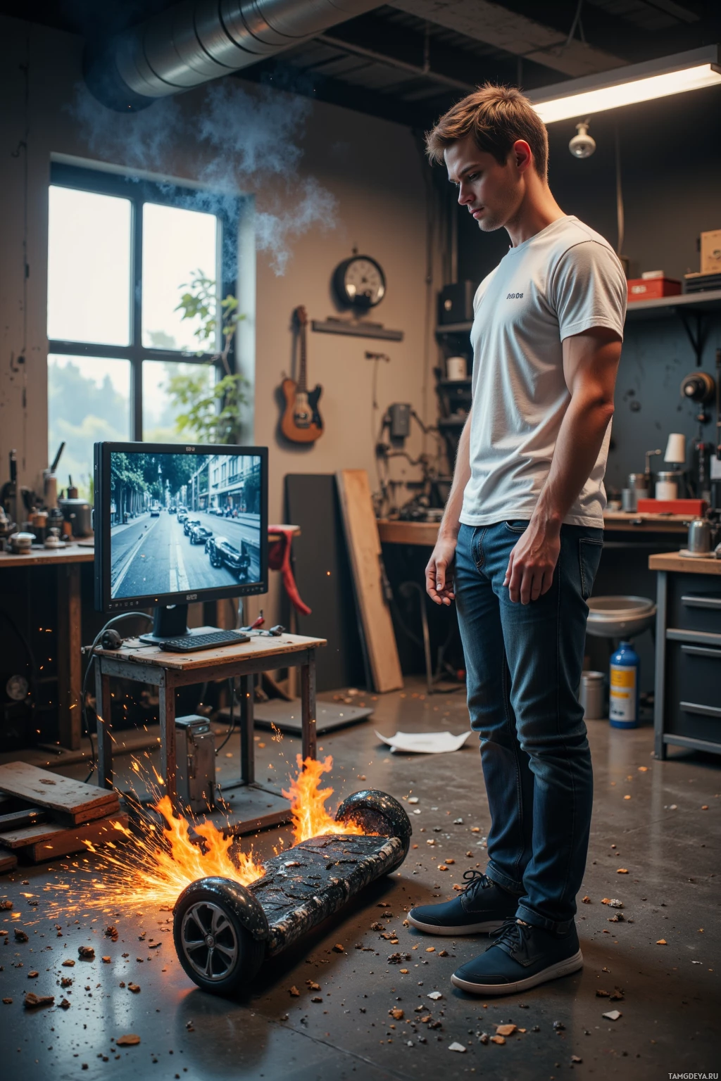A man stands in a workshop with a computer monitor displaying a street scene, while a hoverboard burns on the floor.