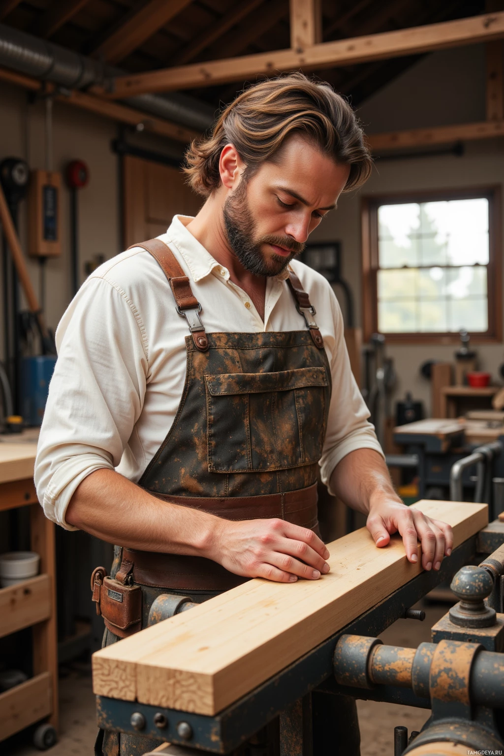 A man in a workshop wearing an apron works with a piece of wood on a workbench.