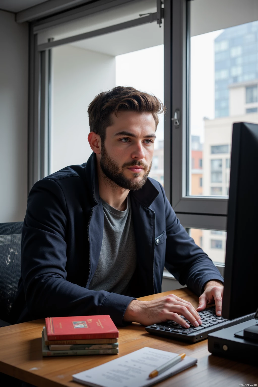 A man is seated at a desk, working on a laptop with books and papers nearby.