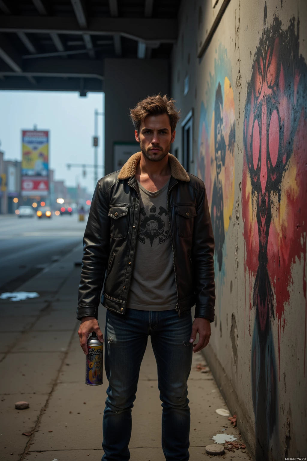 A man stands on a sidewalk near a graffiti-covered wall, holding a spray paint can.