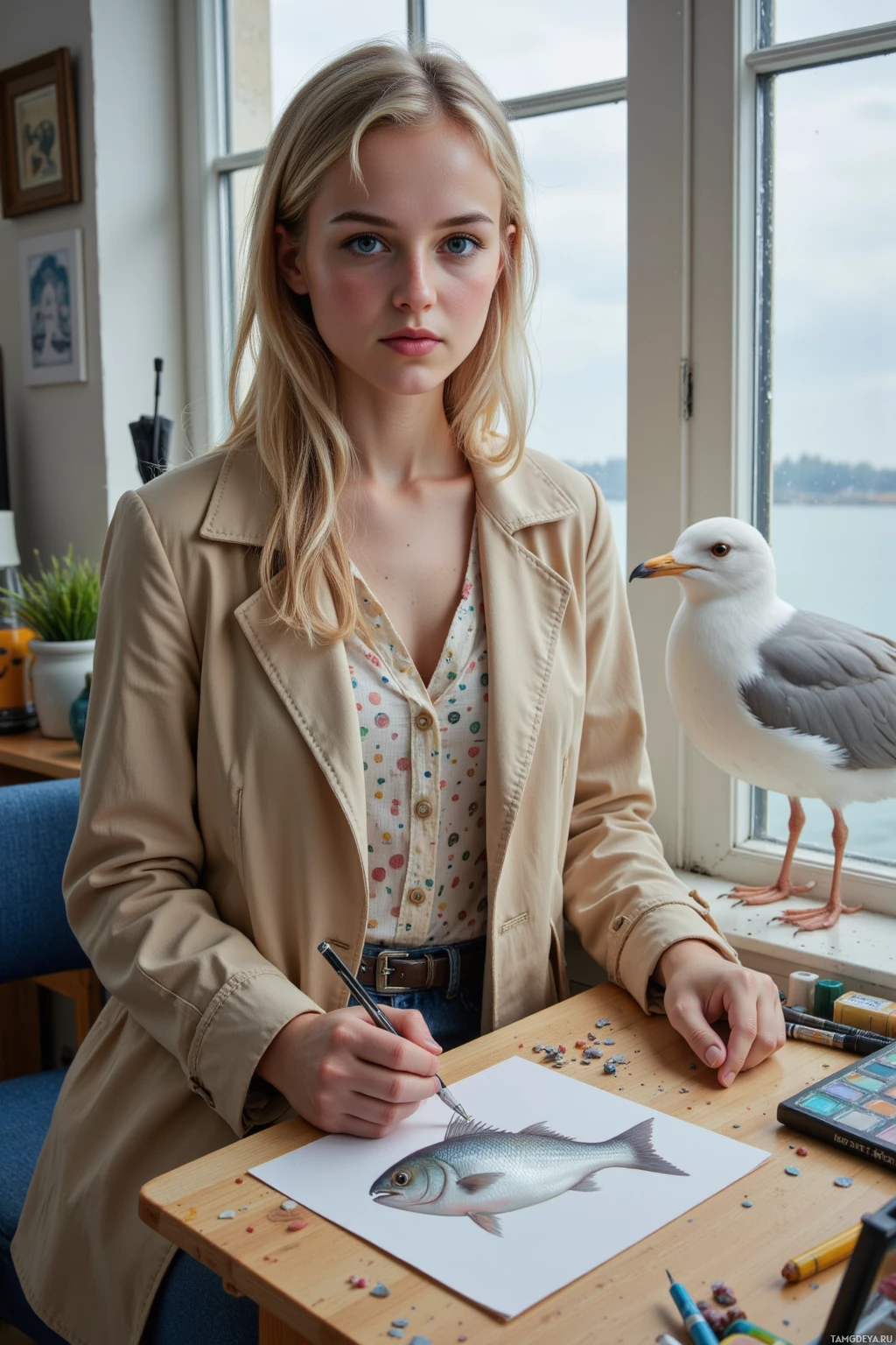A person is seated at a desk, drawing a fish with a pencil.