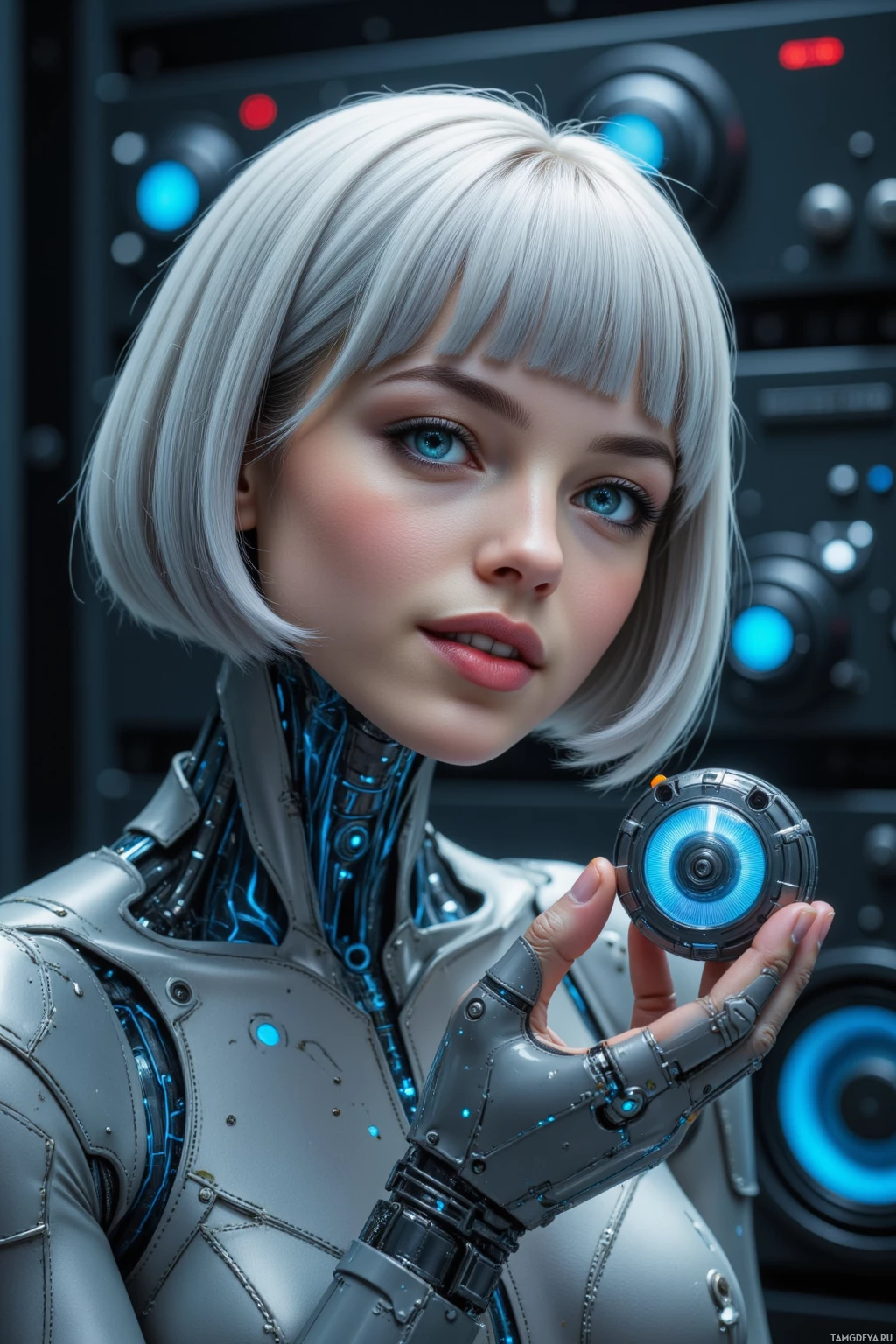 A futuristic humanoid figure with silver hair and mechanical features holds a glowing blue circular device.