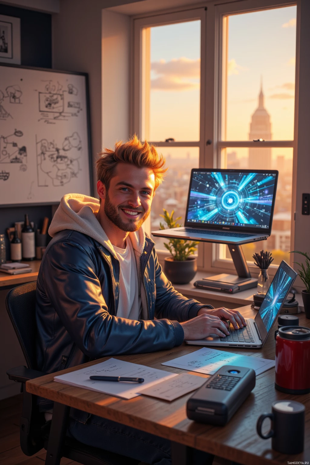 A man sits at a desk in a modern office, working on a laptop with a cityscape view through the window.