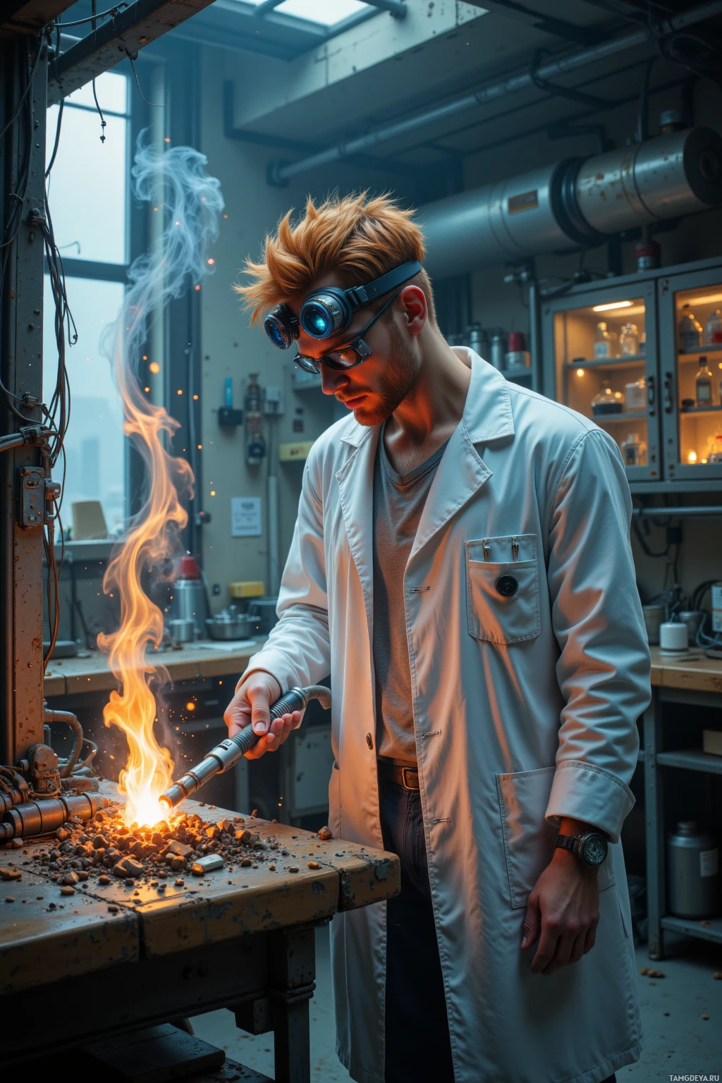 A person in a lab coat uses a torch to heat materials in a workshop setting.