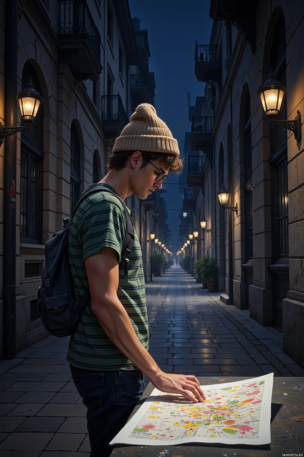 A person wearing a beanie and glasses stands on a cobblestone street at dusk, holding a map.