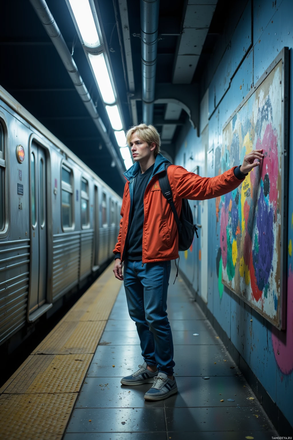 A person stands on a subway platform, leaning against a wall with graffiti, near a train.