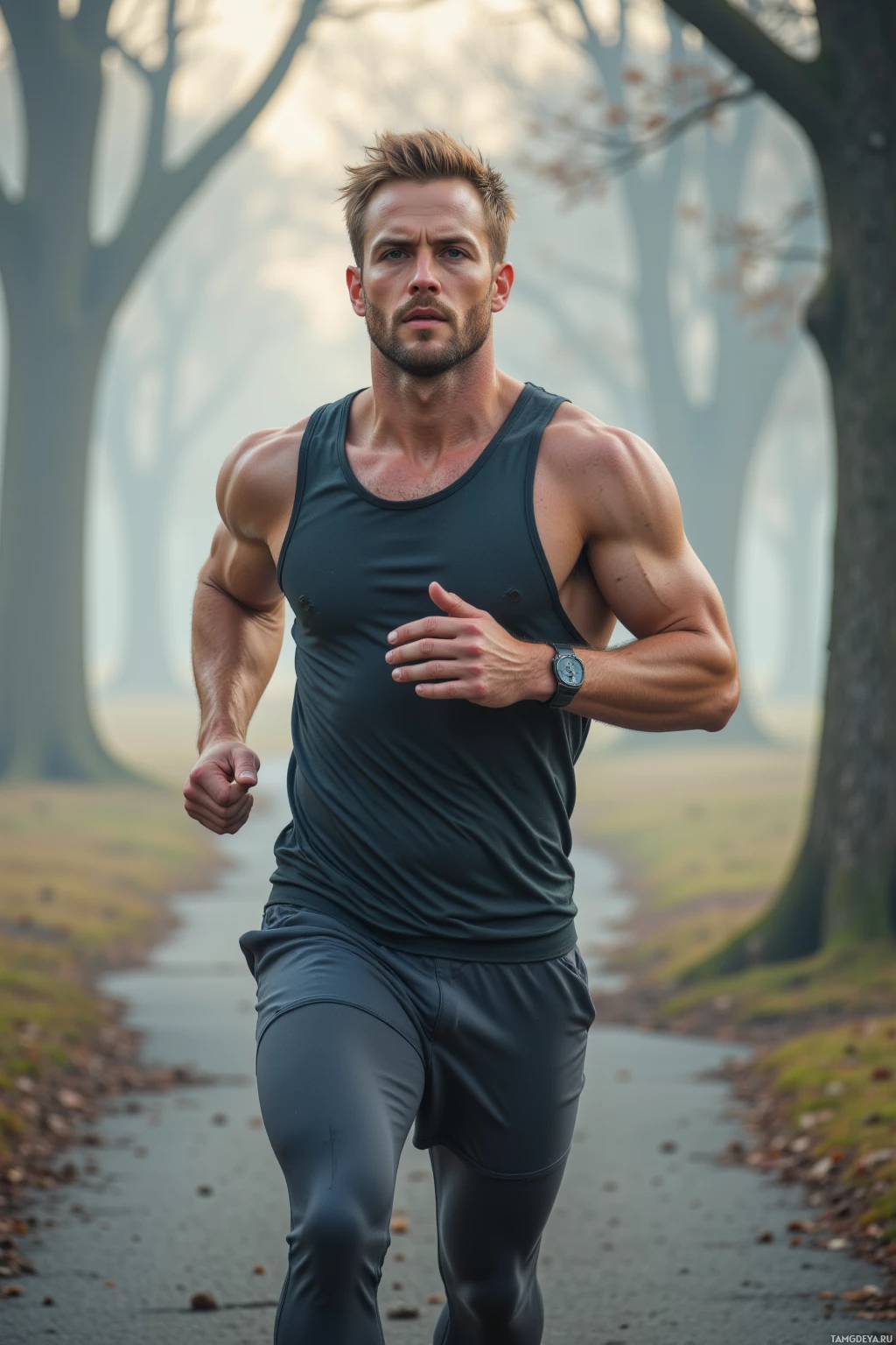 A muscular man in a dark tank top and pants is running on a paved path surrounded by trees.