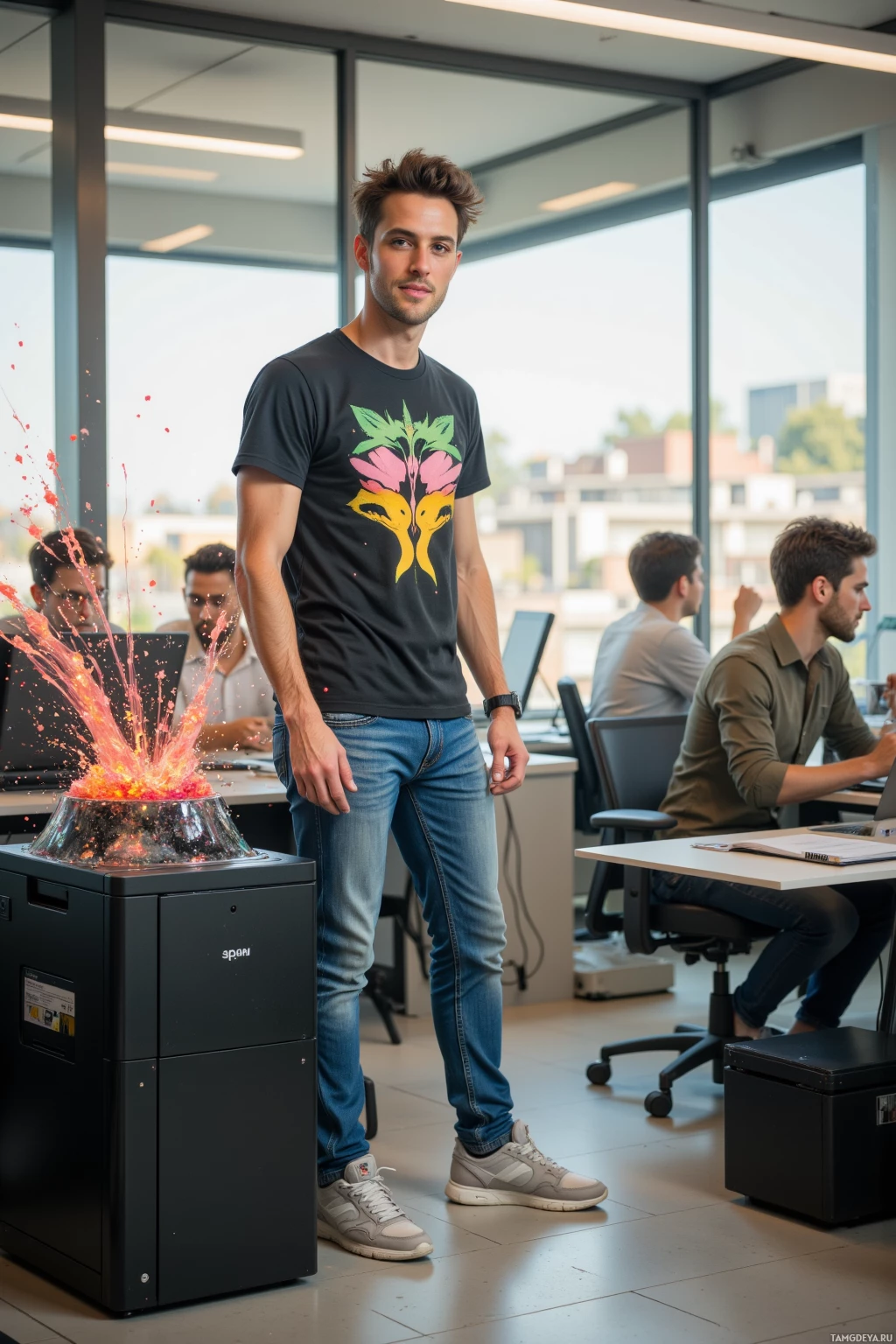 A man stands in an office with a colorful explosion graphic on his shirt, while others work in the background.