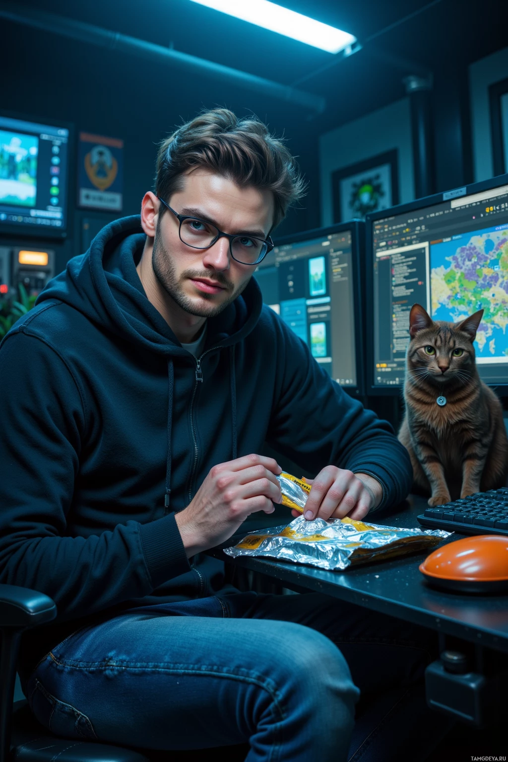 A person in a hoodie sits at a desk with multiple monitors, eating from a foil-wrapped snack, with a cat nearby.