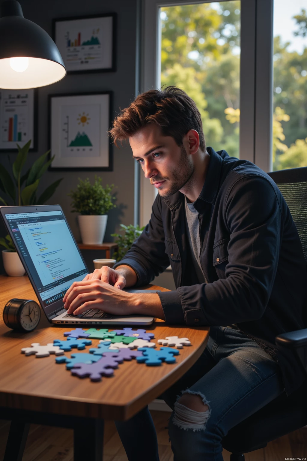 A person is working on a laptop at a desk with a puzzle and a clock nearby.
