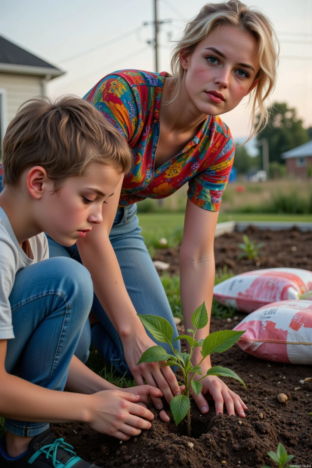 A woman and a boy plant a small tree together in a garden.