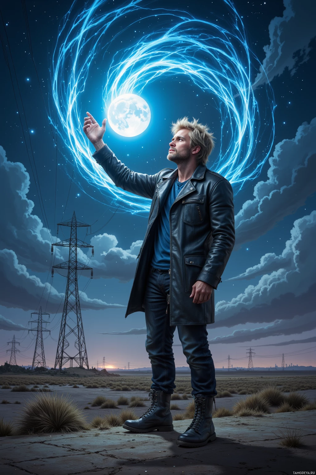 A man in a leather jacket stands in a desert landscape under a night sky, reaching towards a glowing moon surrounded by swirling energy.