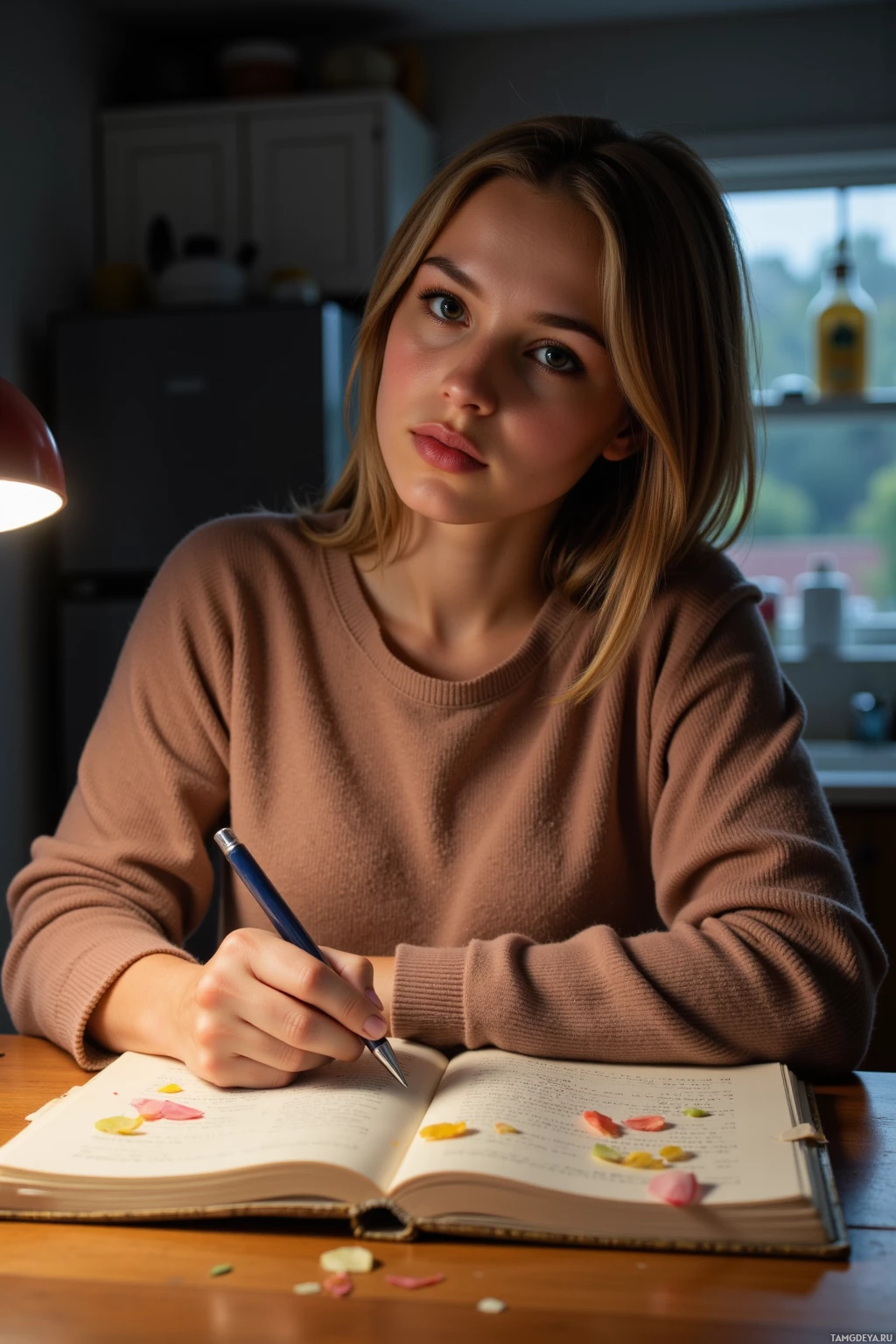 A young woman sits at a desk, writing in a notebook with a pen.
