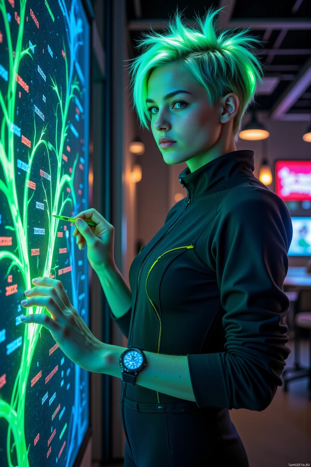 A person with short, spiky green hair stands in front of a glowing, futuristic display board.