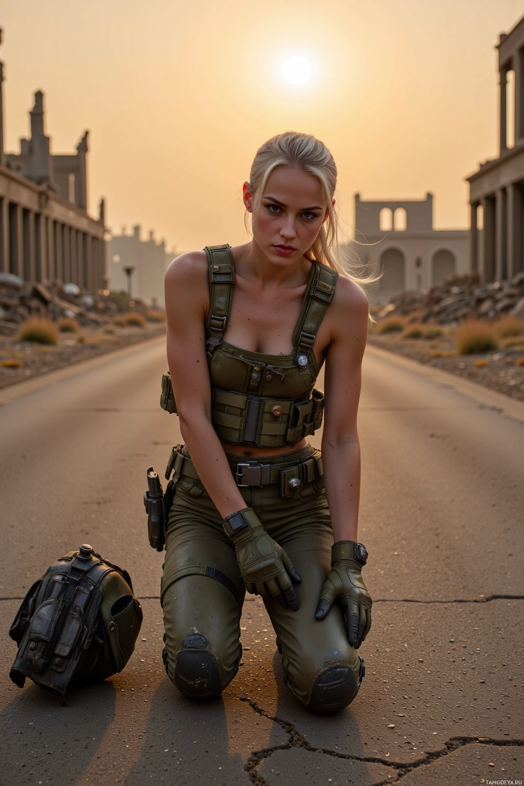 A person in military-style attire kneels on a cracked road under a sunset sky.