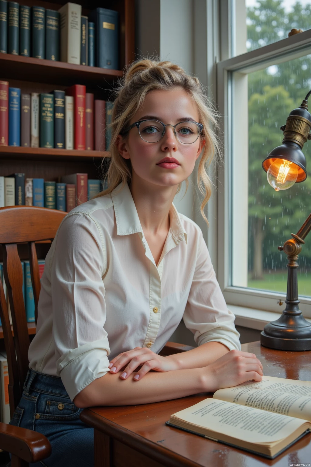 A young woman wearing glasses sits at a desk with an open book, surrounded by bookshelves and a lamp.