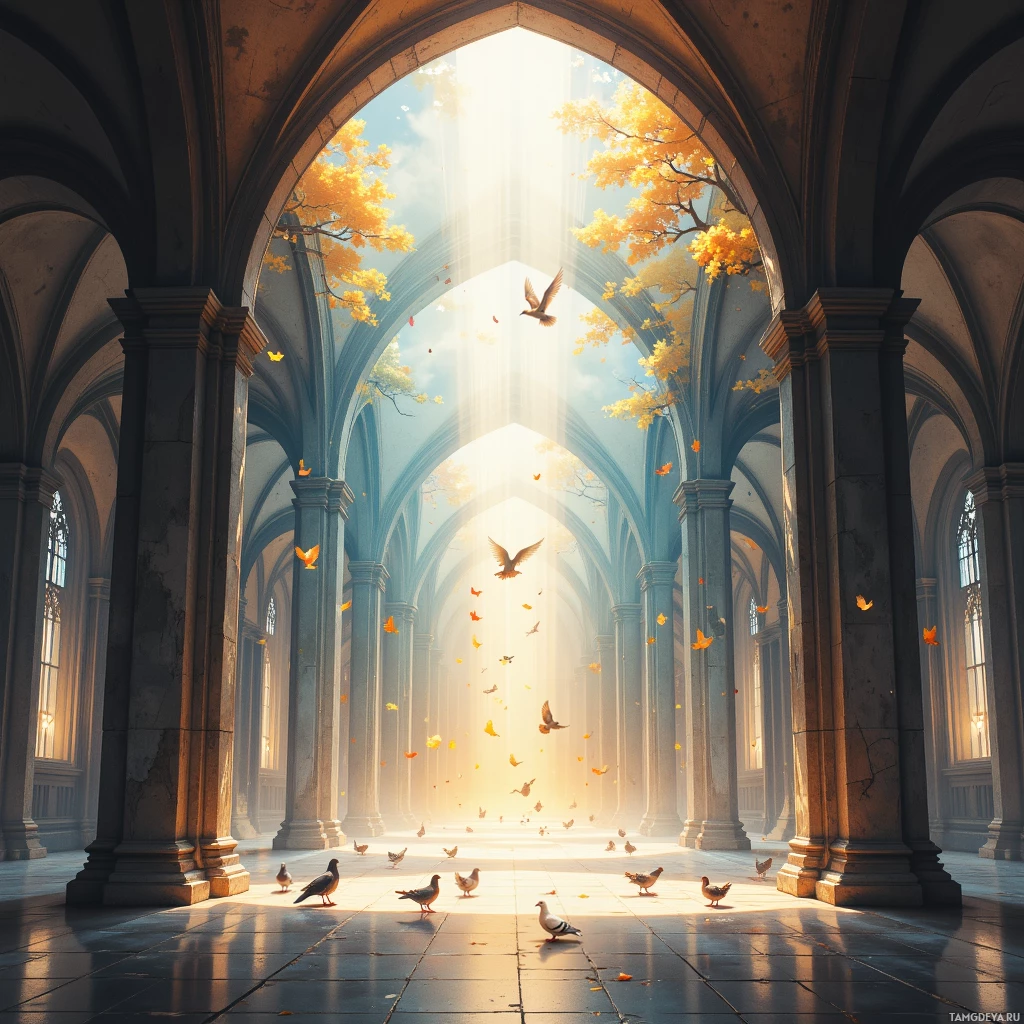 A serene interior of a grand cathedral with sunlight streaming through golden leaves and birds flying.