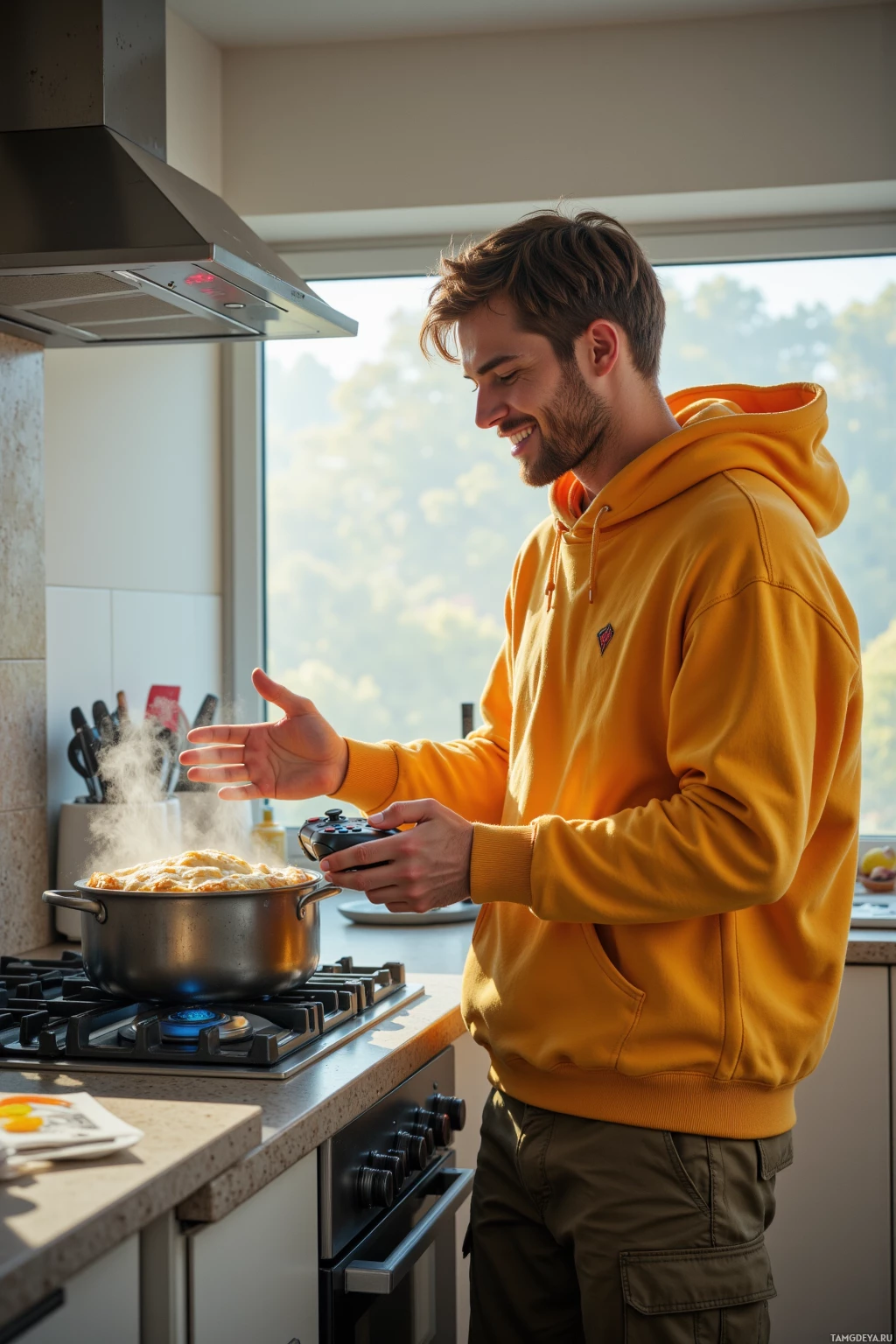 Realistic high quality photo. Modern kitchen with glitching appliances and binary warning lights on the stove, a 28‑year‑old man with tousled light brown hair, green eyes, bright oversized hoodie and loose khaki pants narrating a soufflé, laughing at a glitching game controller while steam rises from a pot, midday light through the window.