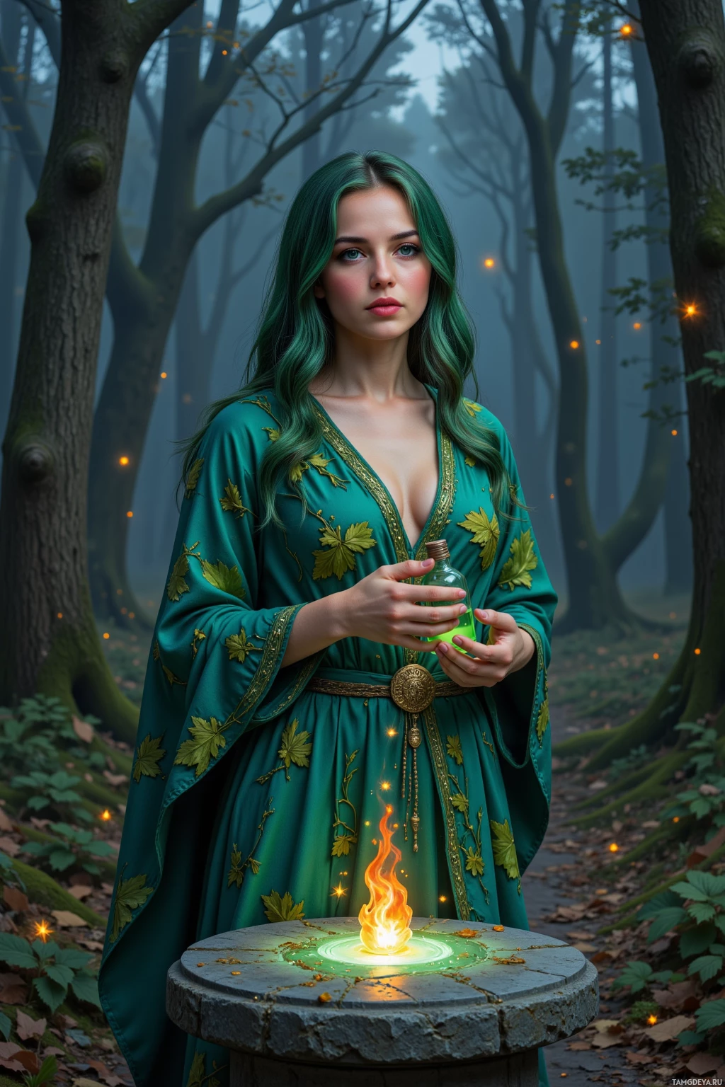 A woman in a green dress stands in a misty forest, holding a glowing bottle.