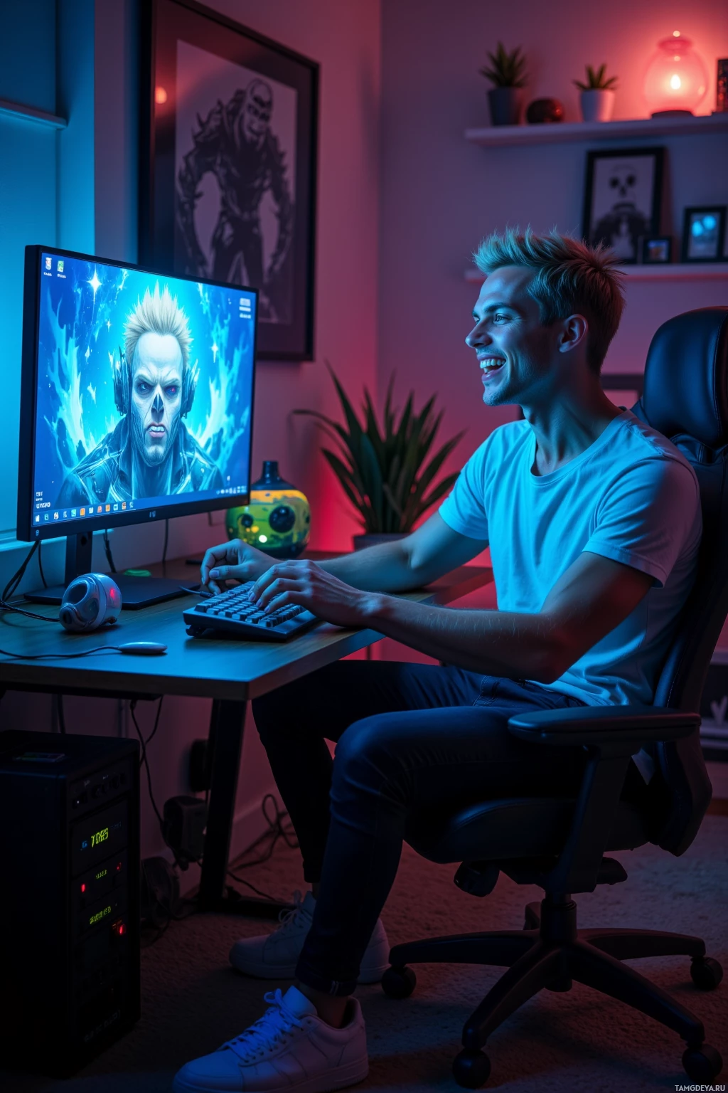 A person is sitting at a desk in a dimly lit room, playing a video game on a computer monitor.