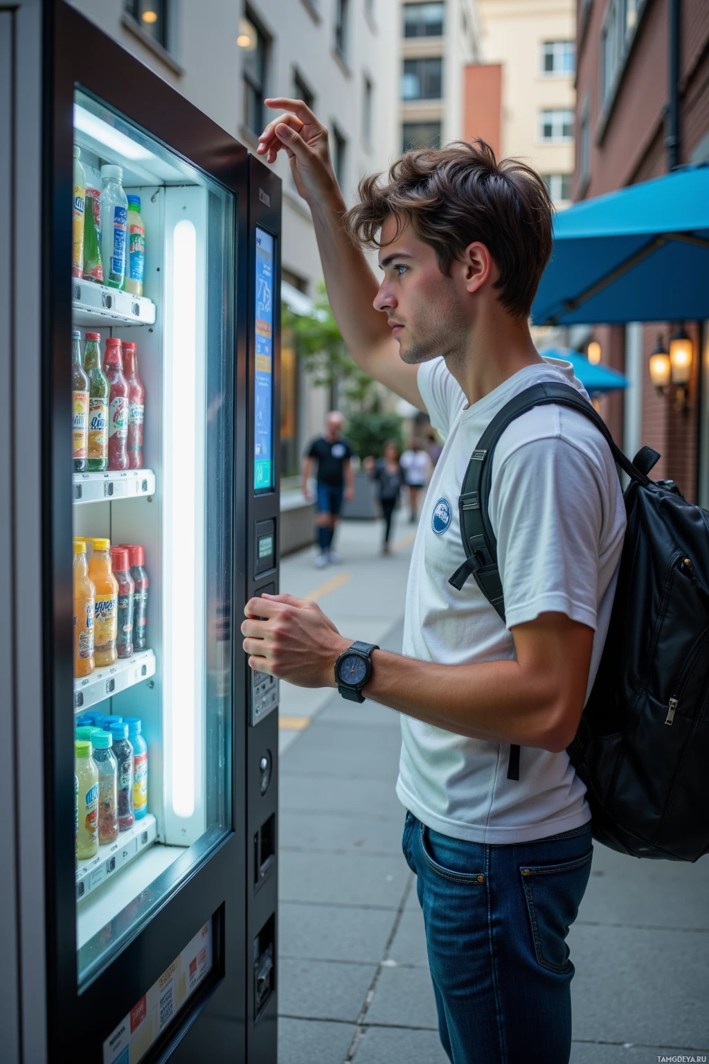 A young man in a white shirt and jeans uses a vending machine on a city street.