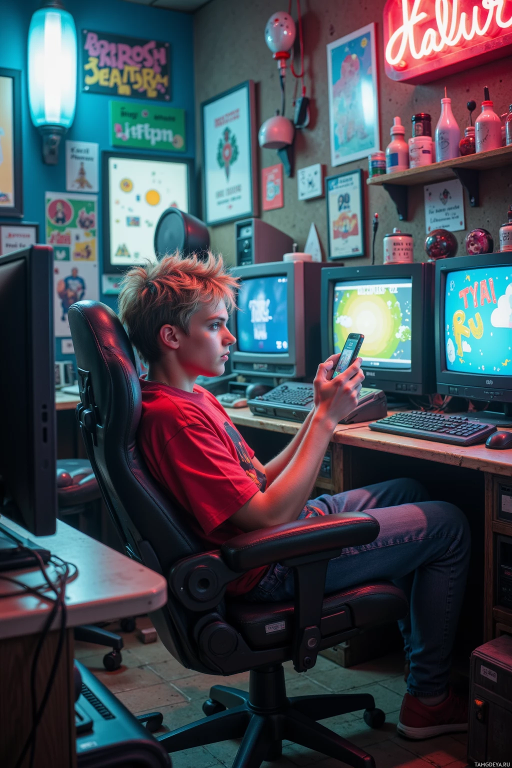 A person sits in an office chair holding a phone, surrounded by retro-style monitors and neon signs.