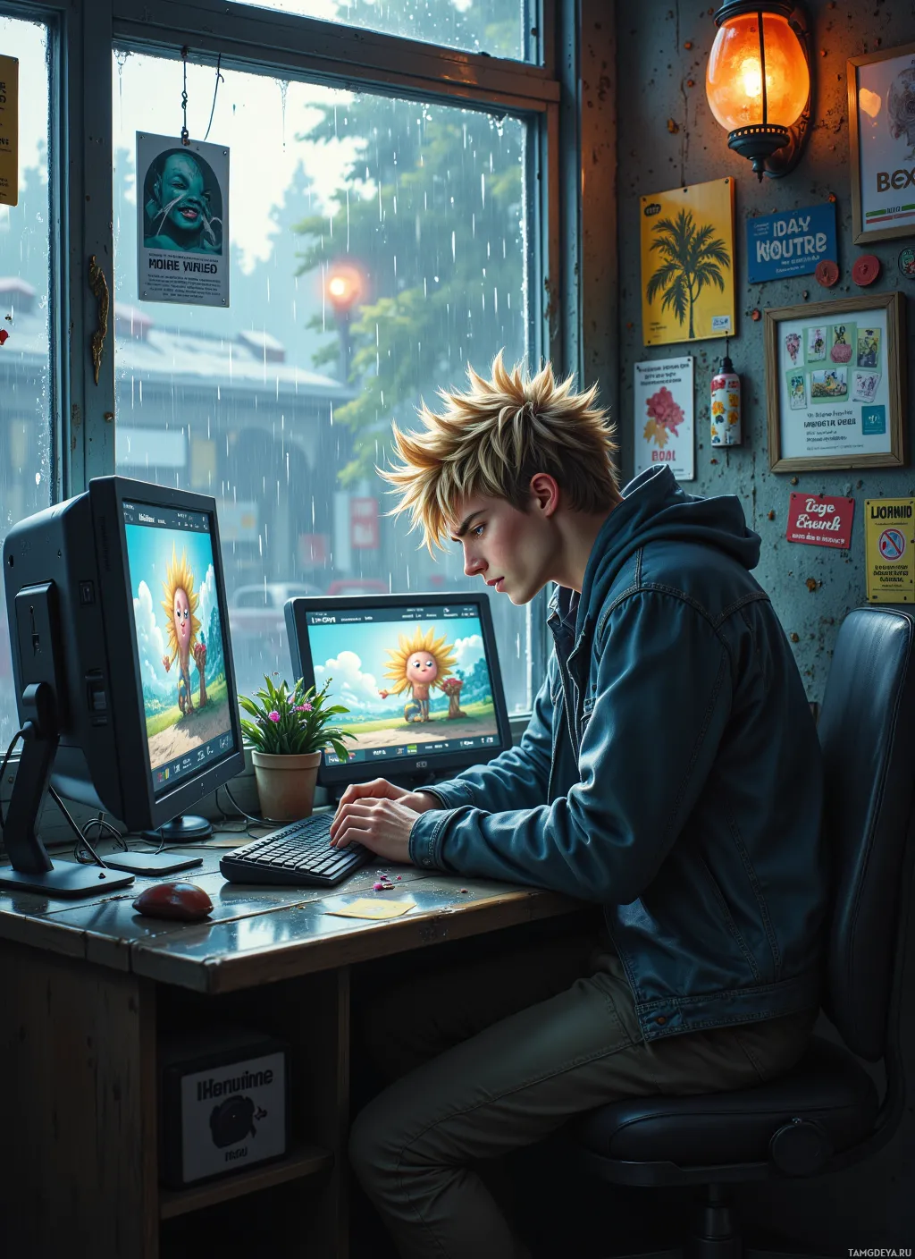 A person sits at a desk in a rainy window, working on a computer.