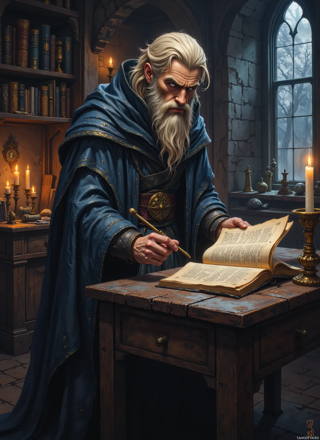 A scholar in a blue robe is reading a book at a desk in a dimly lit room.