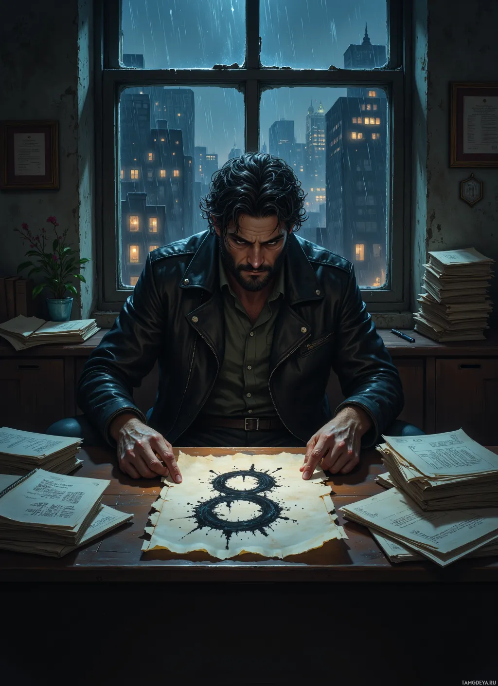 A man in a leather jacket sits at a desk, pointing at a number eight on a piece of paper, with a rainy cityscape visible through the window.