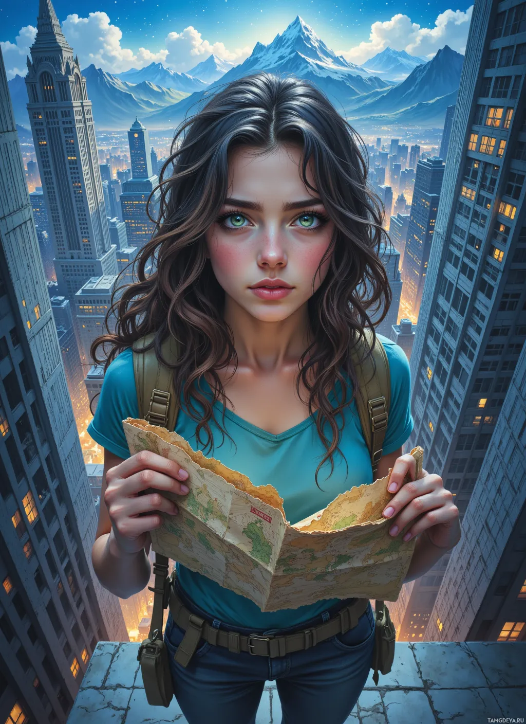 A person stands on a rooftop overlooking a cityscape, holding a map.