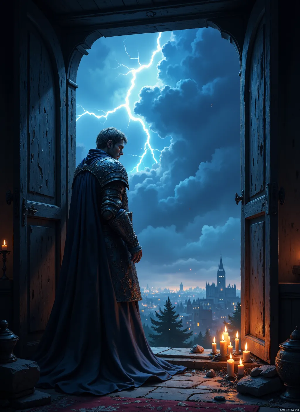 A knight in armor stands at a door, gazing out at a stormy sky and distant castle.