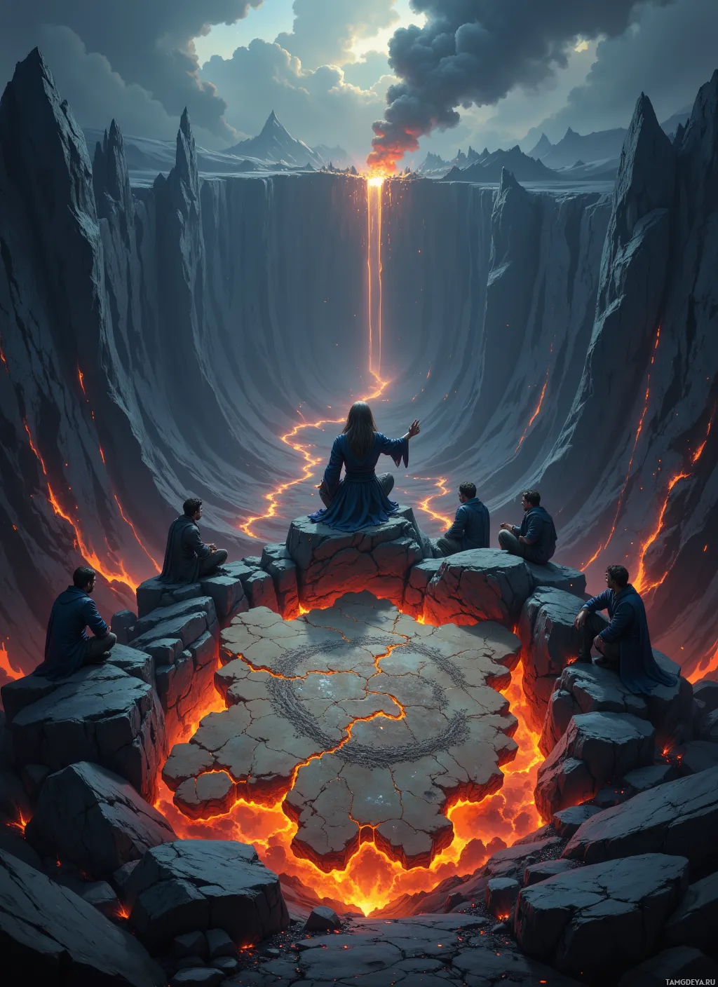 A group of people sits on rocky outcrops overlooking a vast, fiery chasm in a mountainous landscape.