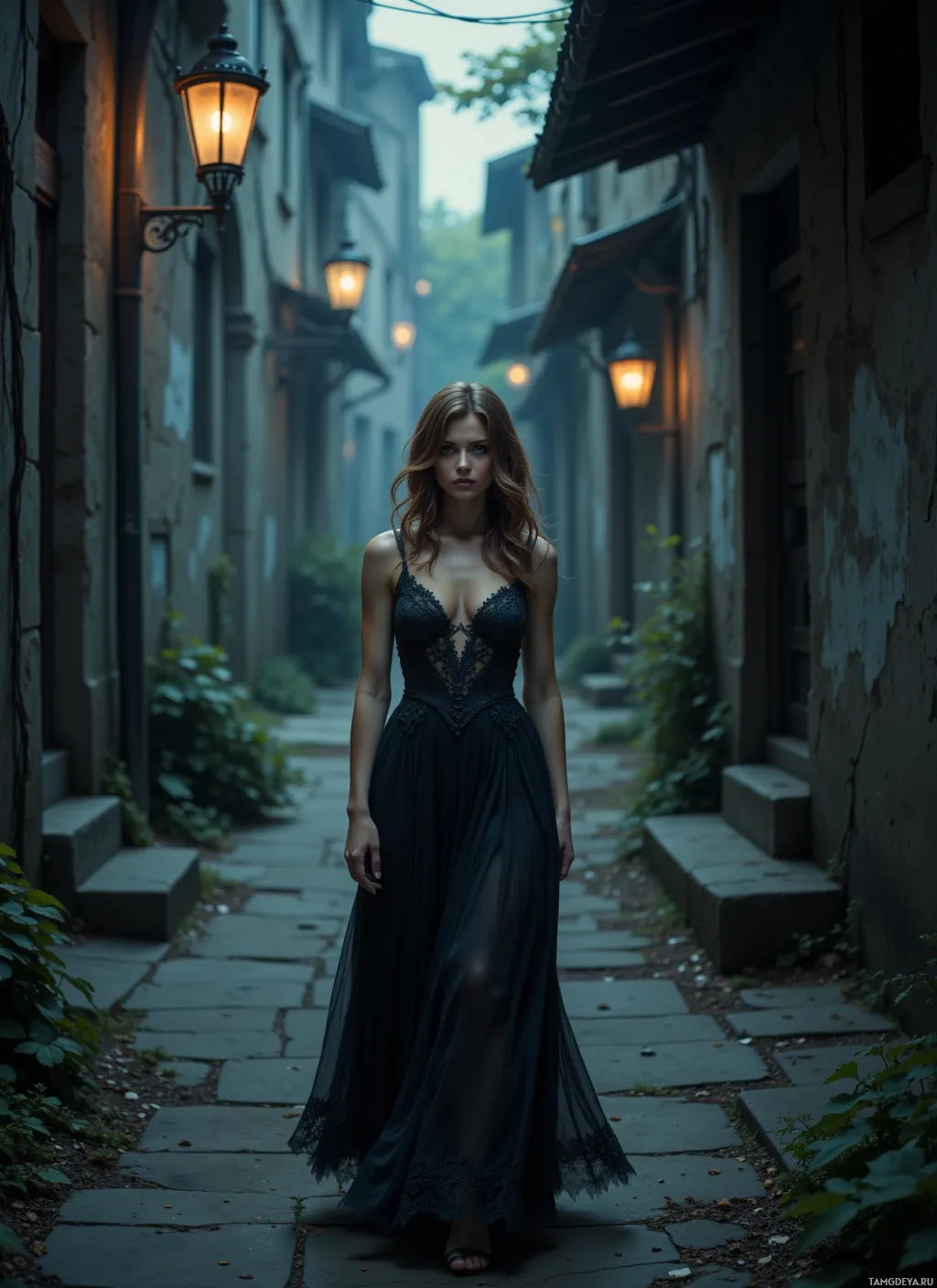 A woman in a dark, elegant dress stands in a dimly lit alleyway with vintage street lamps.