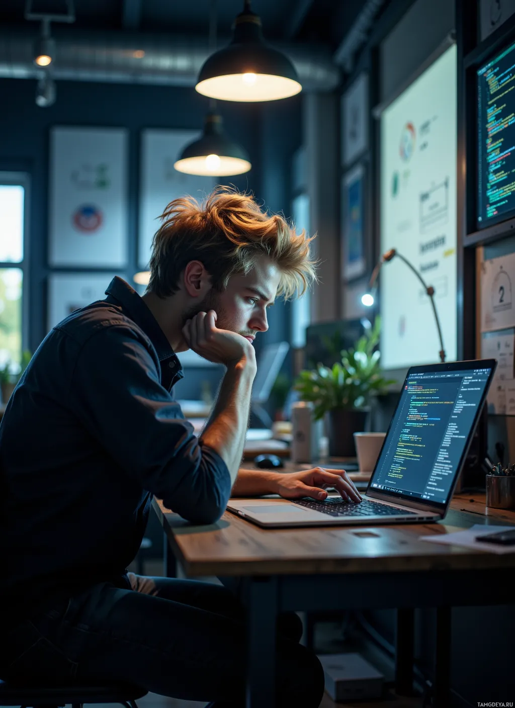A person is working at a desk with a laptop displaying code, surrounded by office decor.