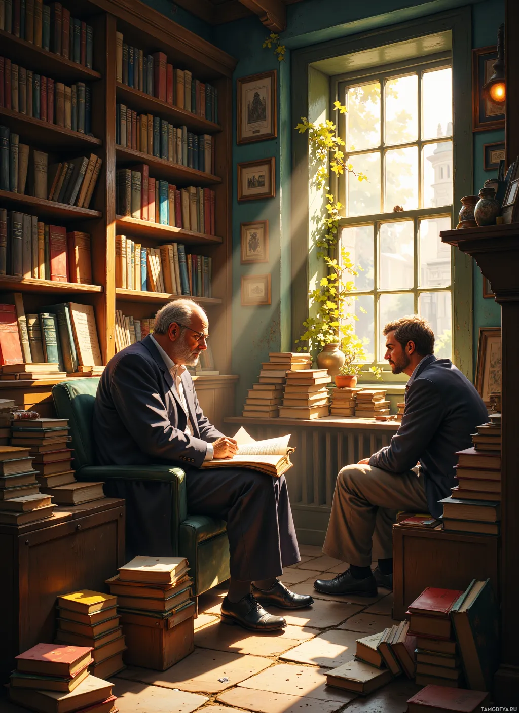 Two men are seated in a cozy, sunlit room filled with books, engaged in conversation.