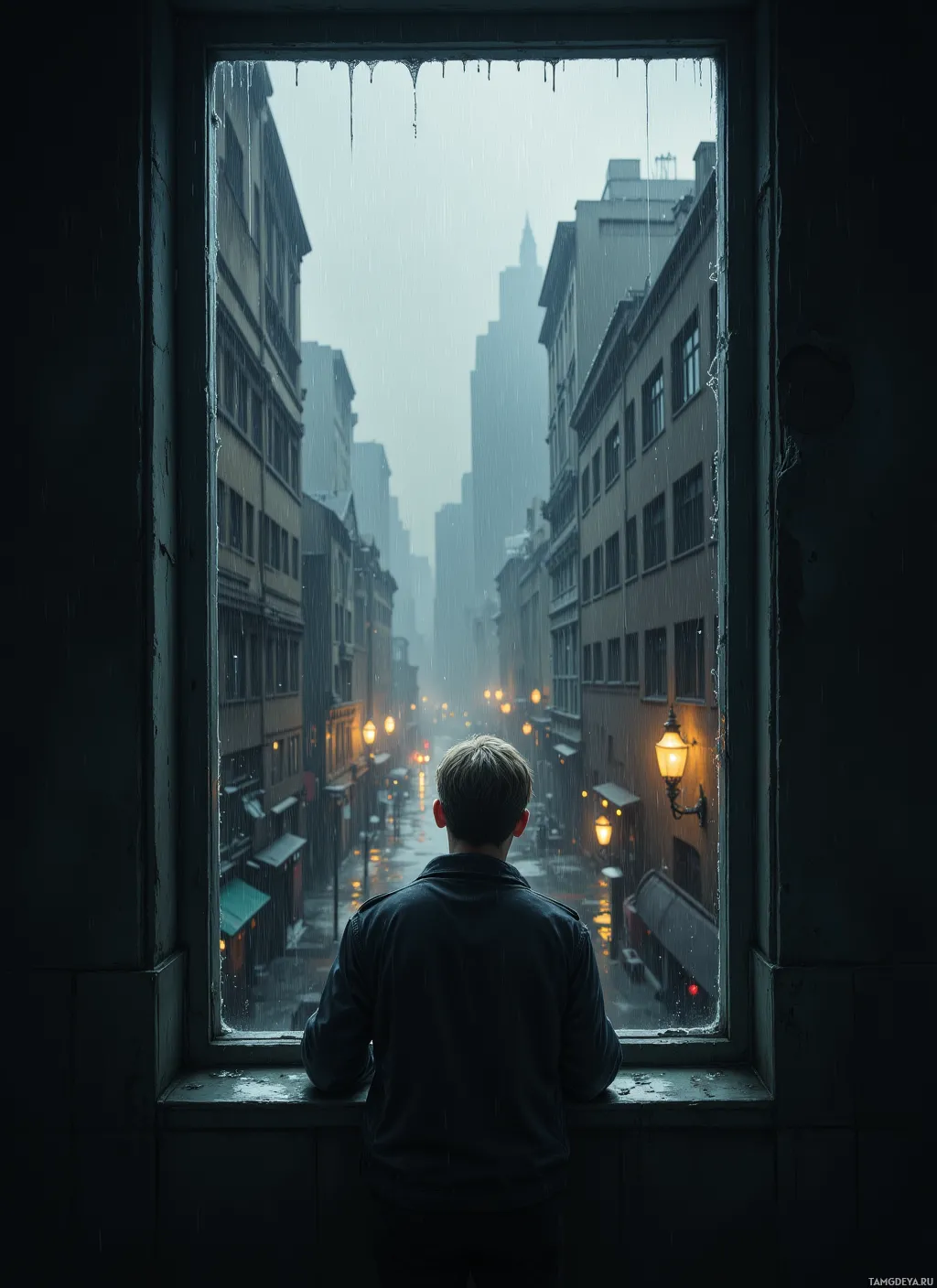 A person stands by a window, gazing out at a rainy city street with tall buildings and streetlights.