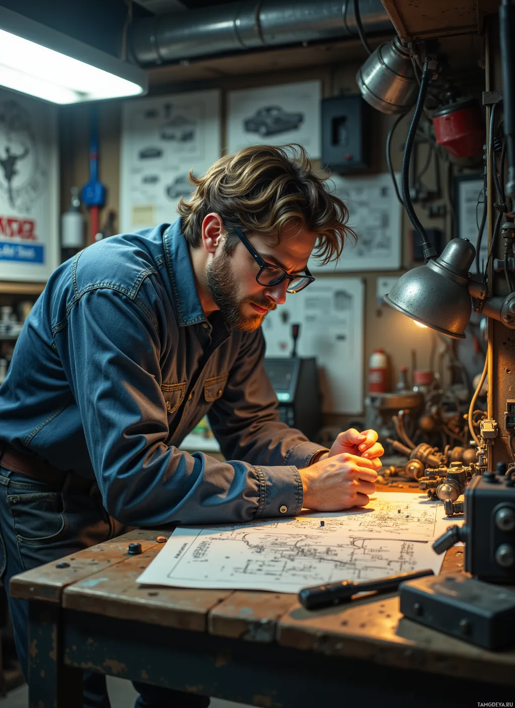 A man in a workshop examines a blueprint under a desk lamp.