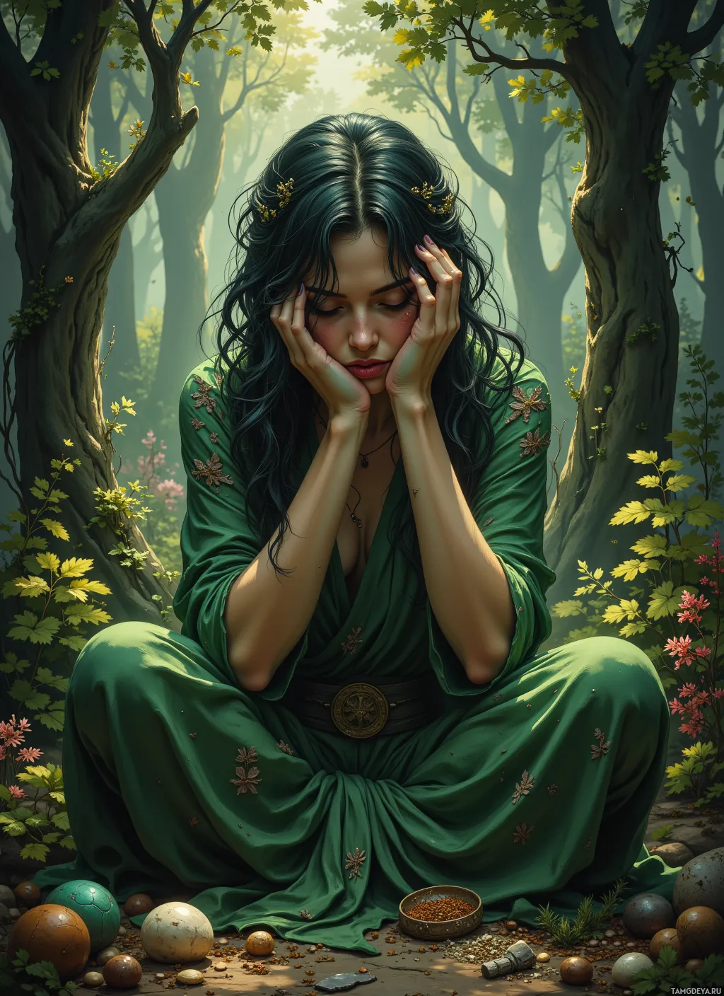 A woman in a green robe sits in a forest, surrounded by eggs and herbs.