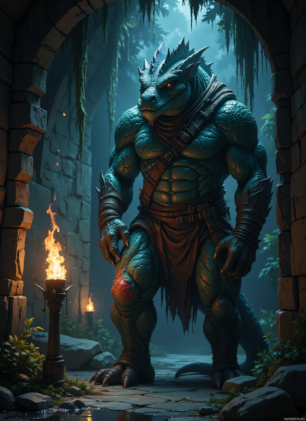 A muscular, reptilian creature stands in a dimly lit, ancient stone doorway, illuminated by a flickering torch.