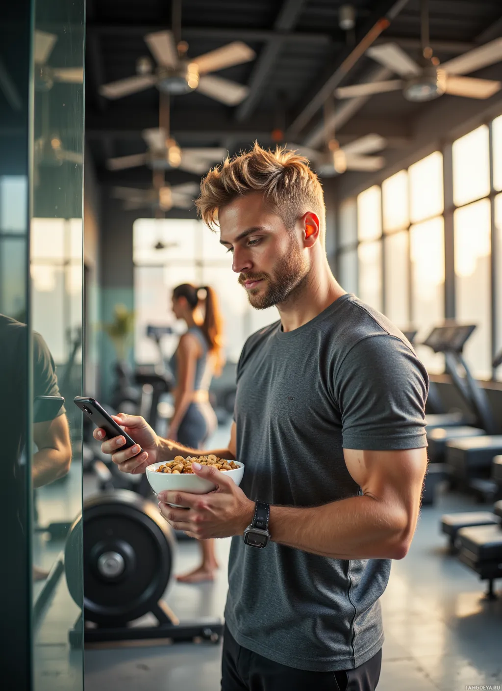 A man in a gym holds a bowl of cereal and a phone.