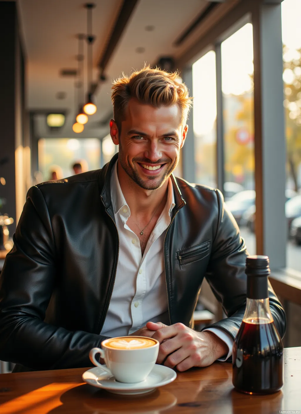A man in a leather jacket smiles while sitting at a table with a cup of coffee and a bottle of syrup.