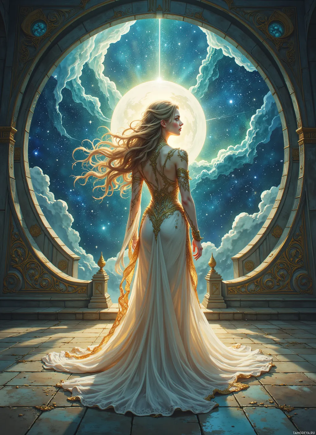 A woman in an elegant gown stands before a circular window, gazing at a celestial night sky.