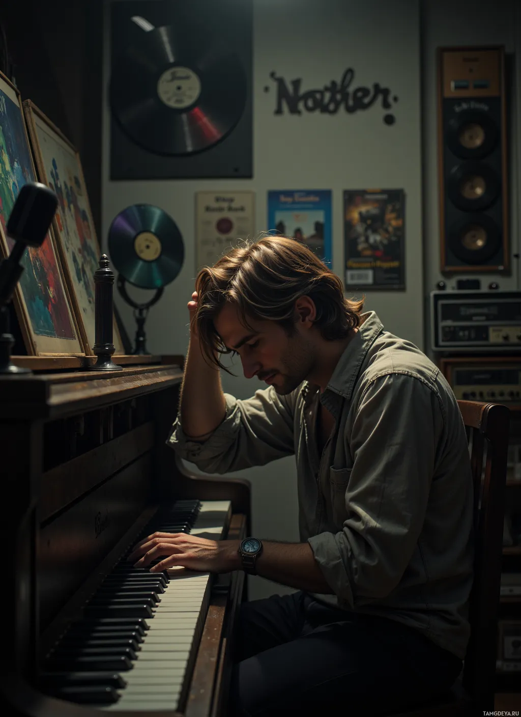 A person sits at a piano in a room adorned with musical memorabilia.