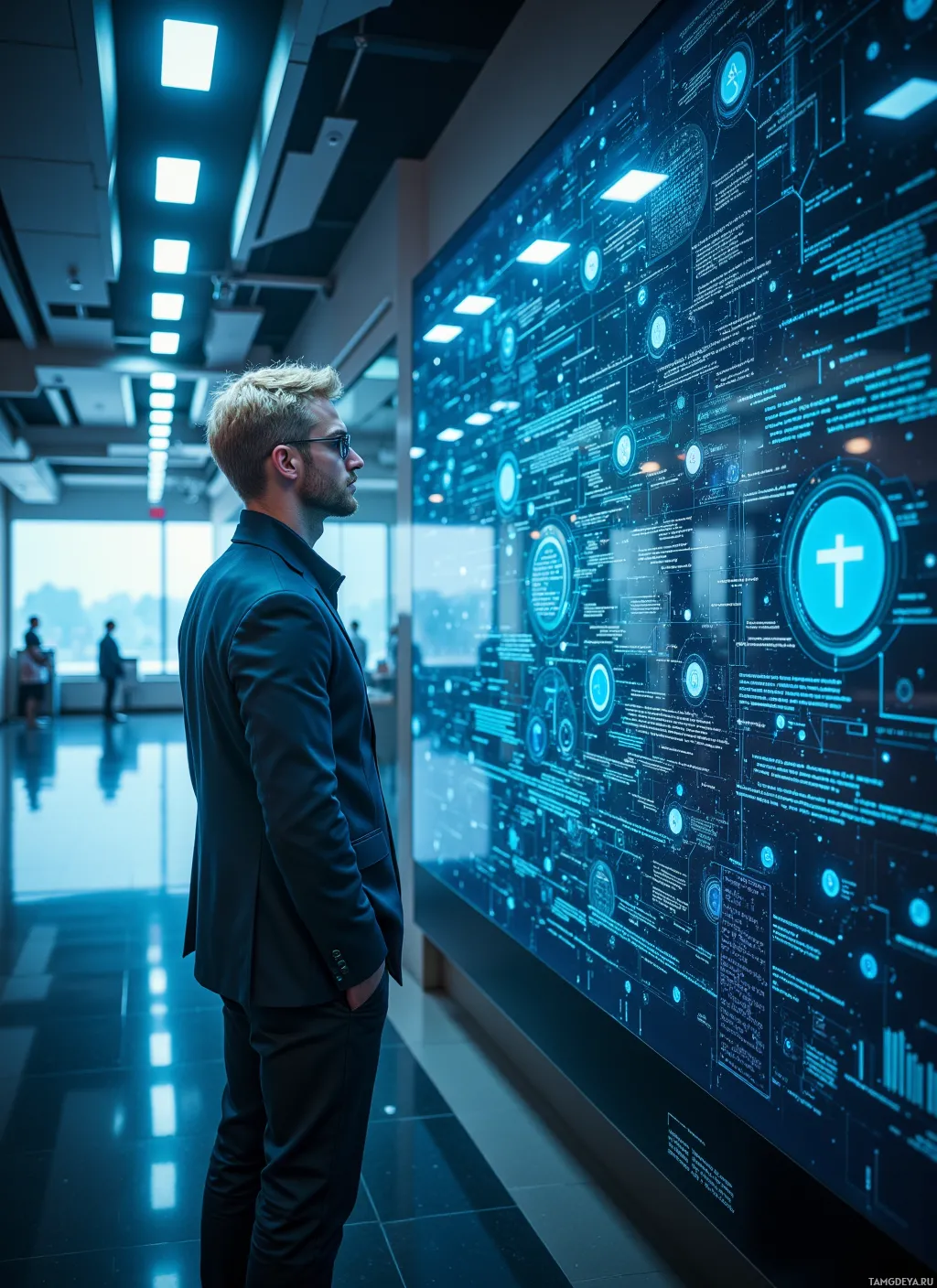A man in a suit stands in a modern office, observing a large digital display with complex data and graphs.