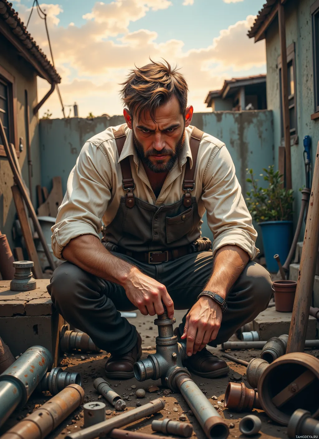 A man in work attire is crouching and working on a plumbing fixture outdoors.