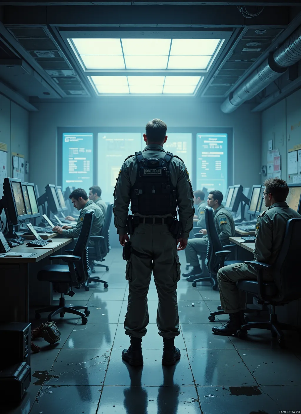 A person in uniform stands in a dimly lit control room with others working at computers.
