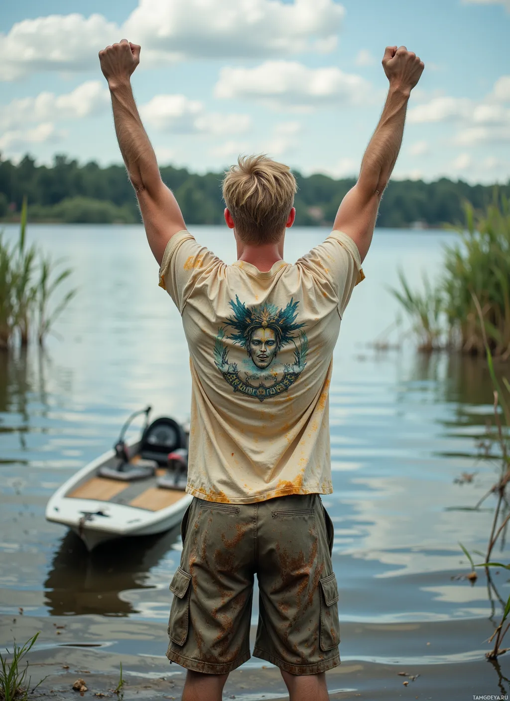 A person stands by a lake with arms raised, wearing a t-shirt and cargo shorts.