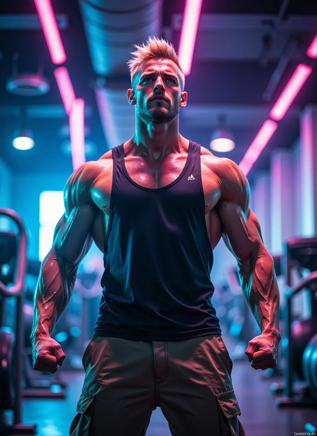 A muscular man in a gym flexing his biceps.