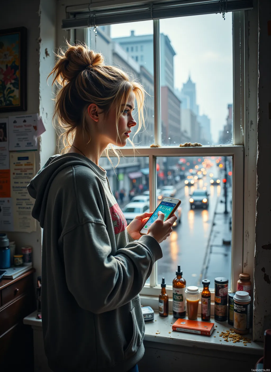 A person stands by a window, looking out at a city street while holding a smartphone.